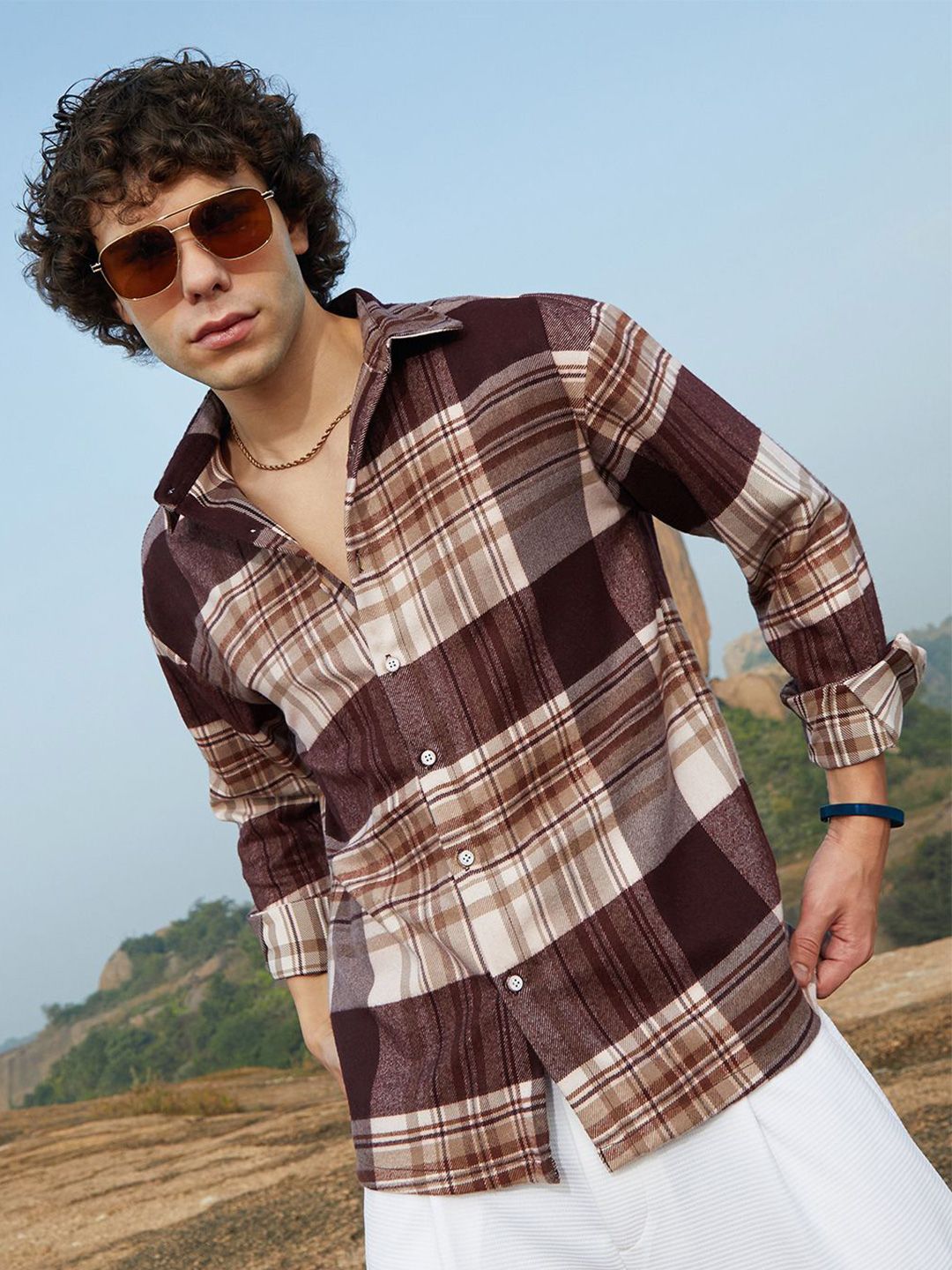 CAHOOT Men Comfort Relaxed Fit Spread Collar Tartan Checked Casual Shirt
