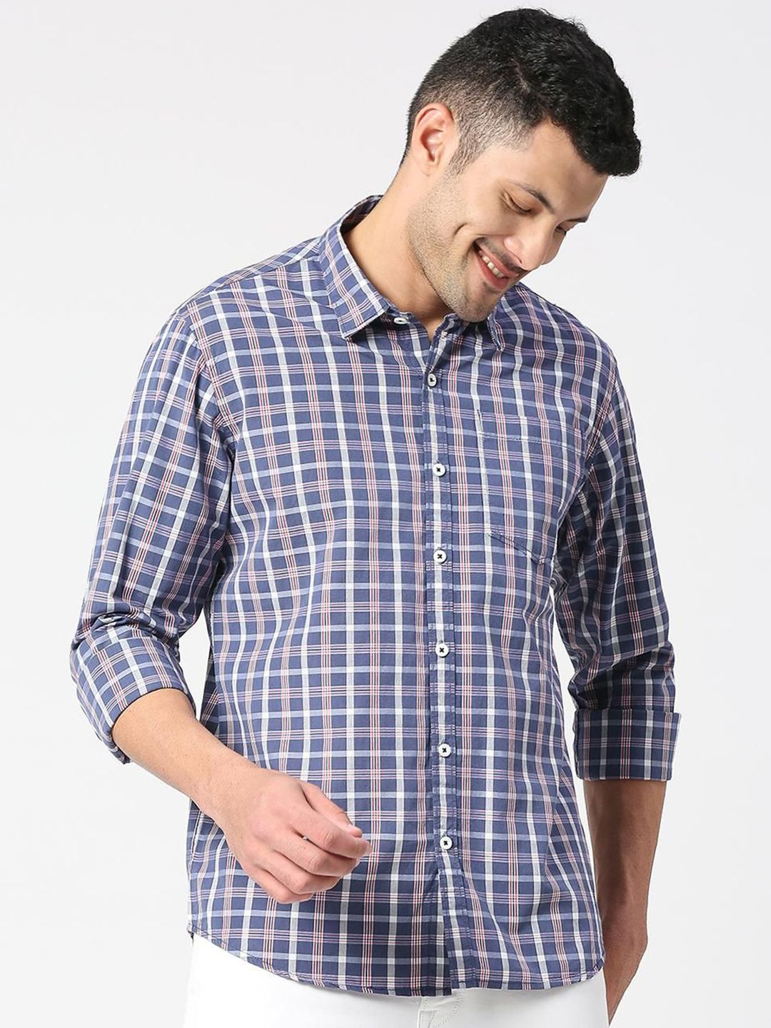 SNX Men Spread Collar Tartan Checked Cotton Casual Shirt