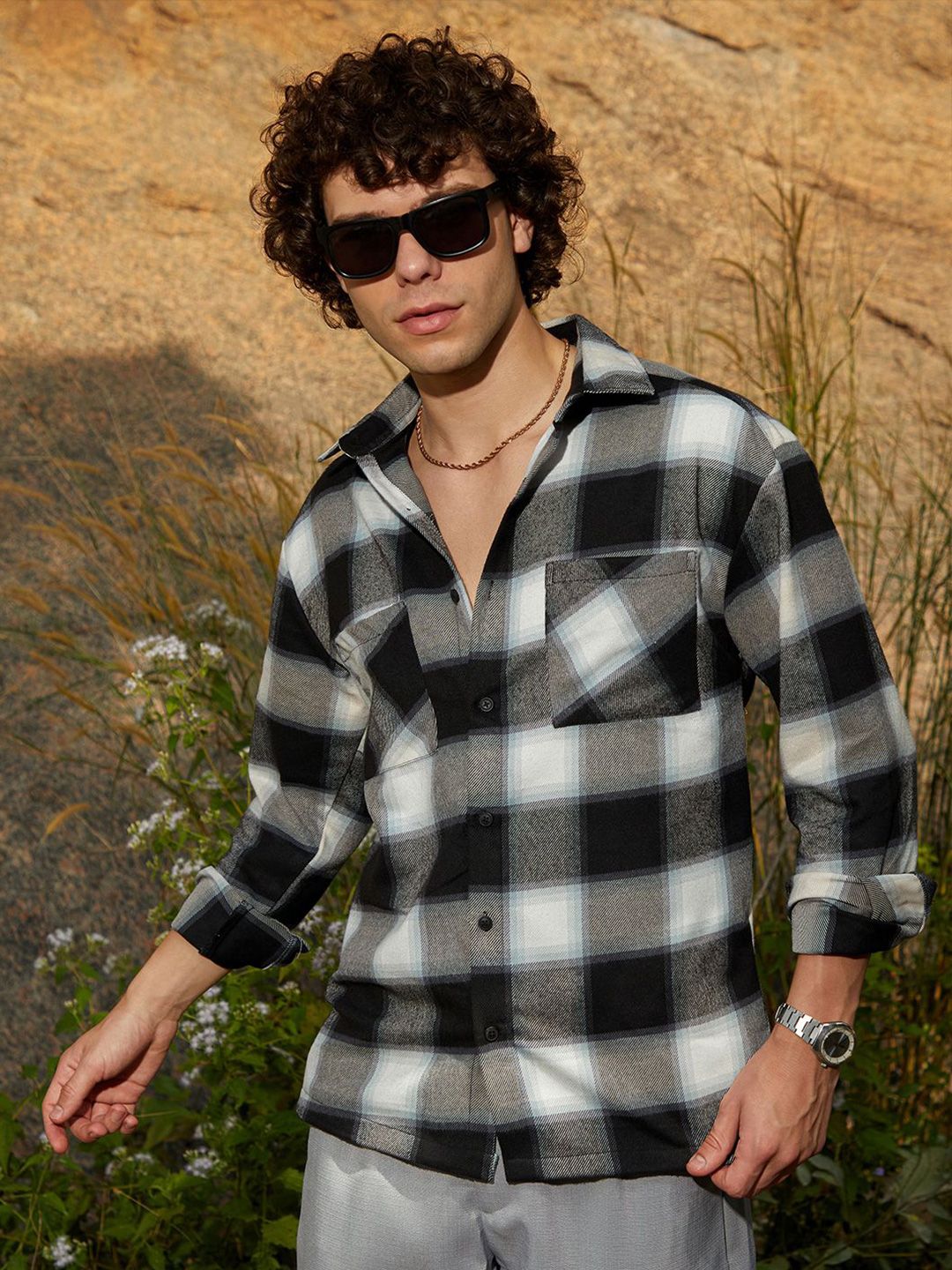 CAHOOT Men Comfort Relaxed Fit Spread Collar Gingham Checked Casual Shirt