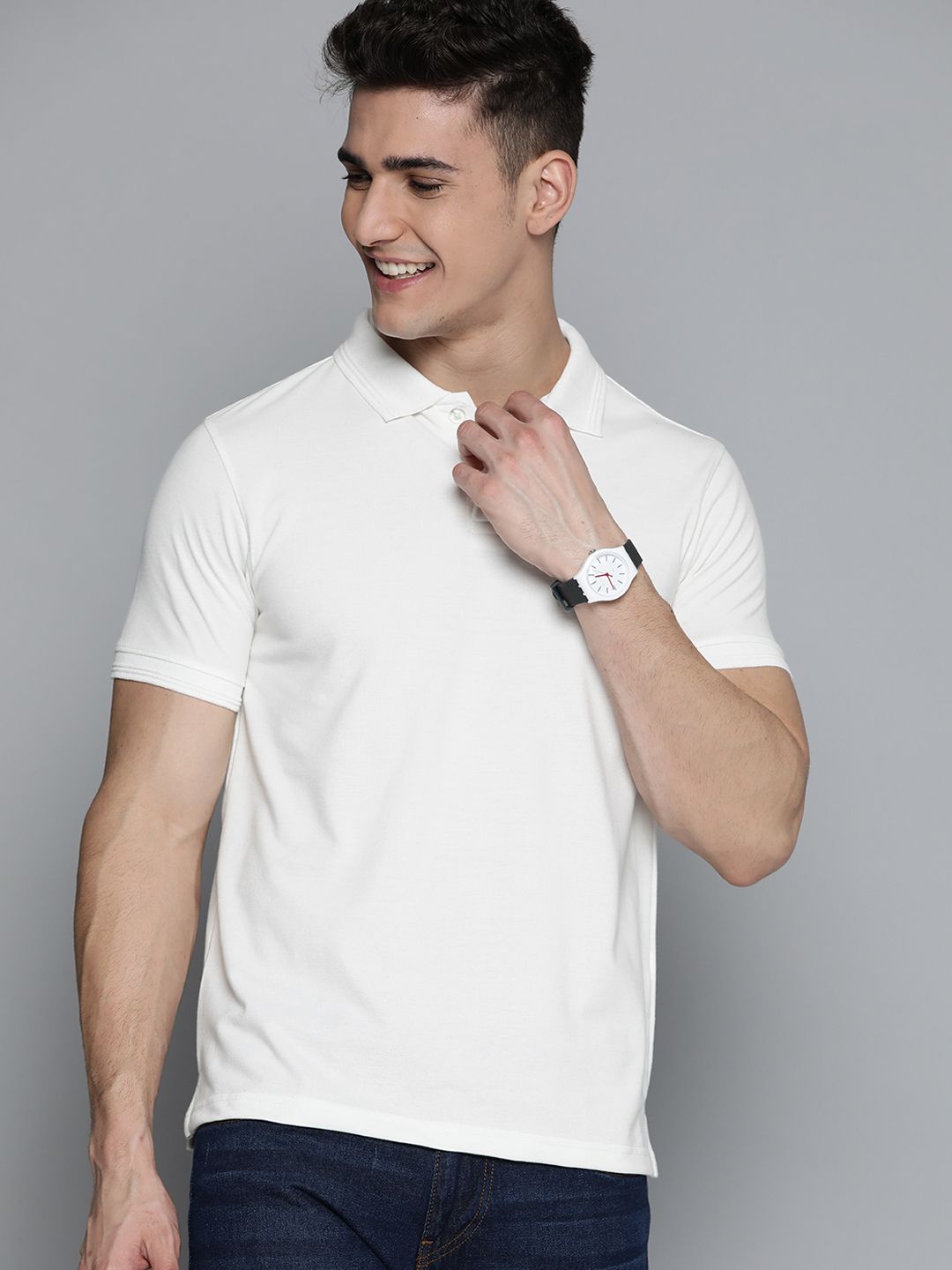 Mast & Harbour Men Off-White Solid Polo Collar T-shirt