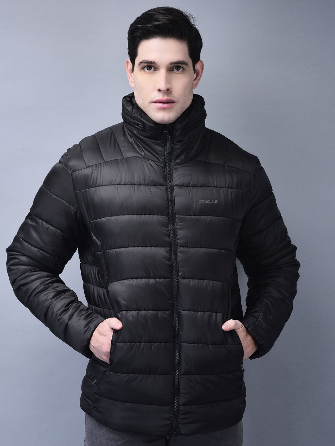 Woodland Men Mock Collar Solid Casual Puffer Jacket
