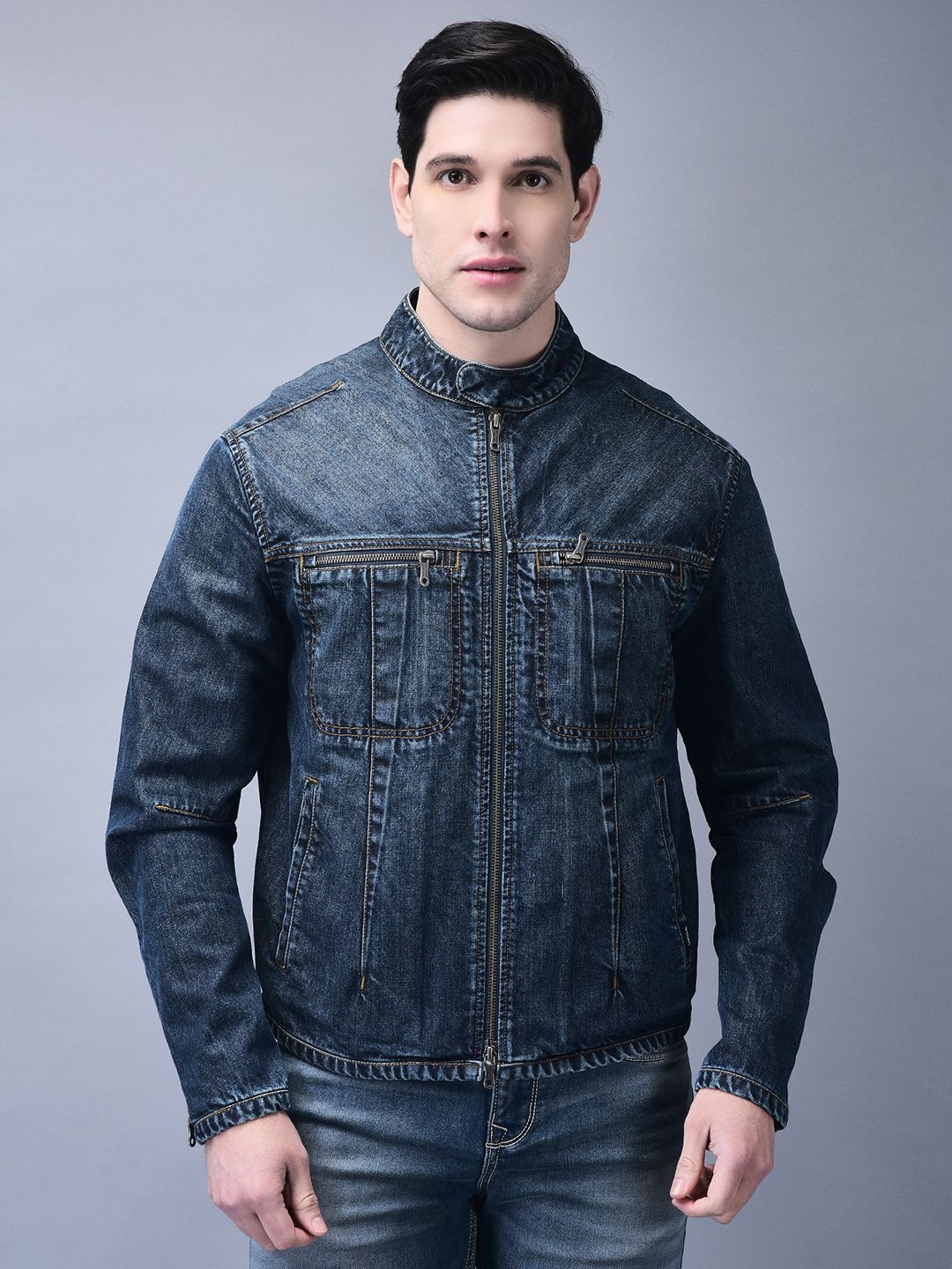 Woods Men Mandarin Collar Washed Solid Cotton Casual Denim Jacket