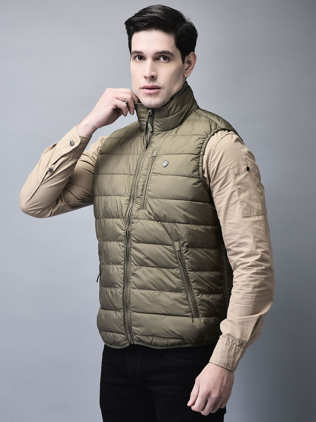 Woodland Men Mock Collar Solid Casual Padded Jacket