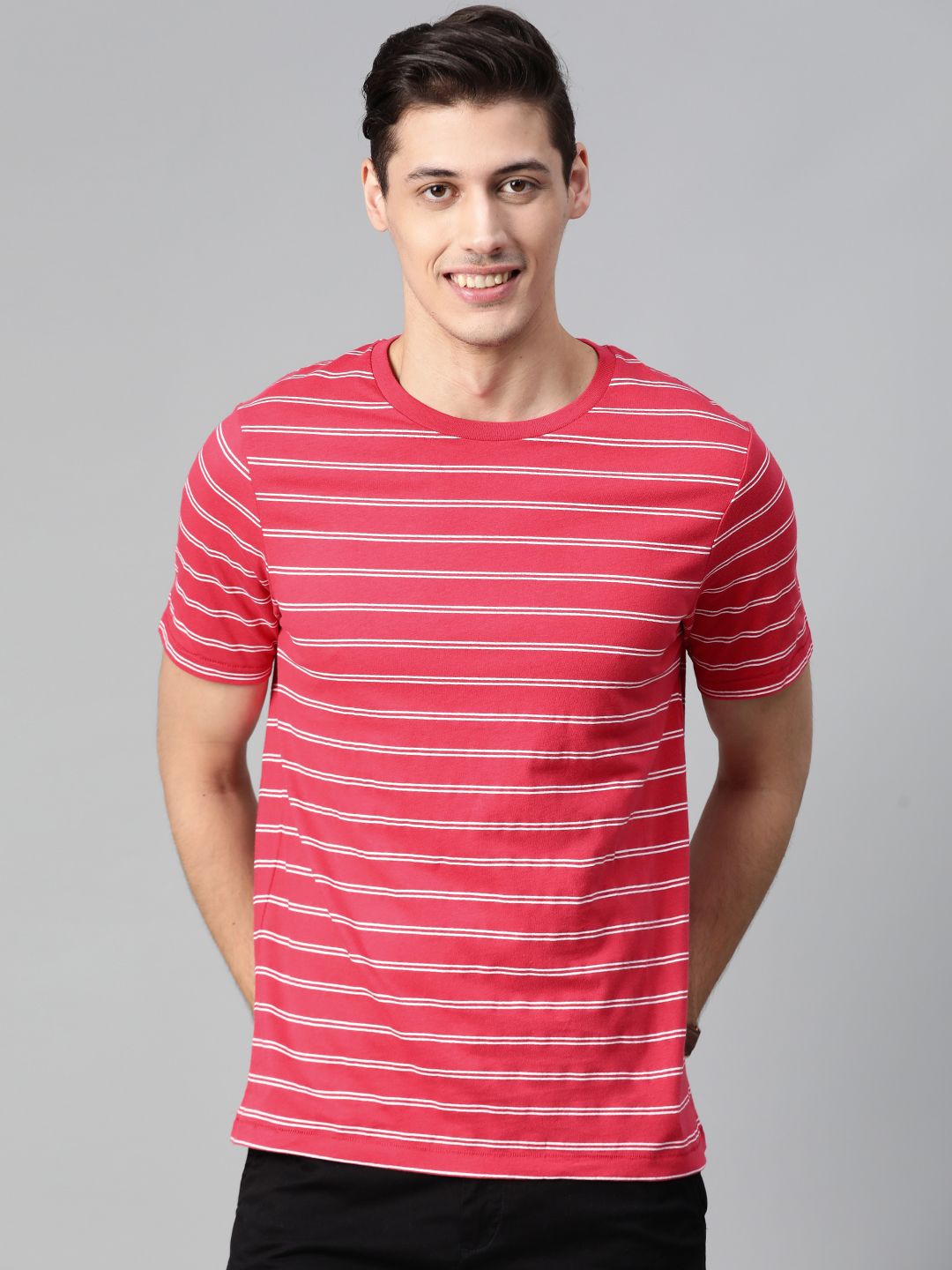 Mast & Harbour Men Pink & White Striped Round Neck T-shirt