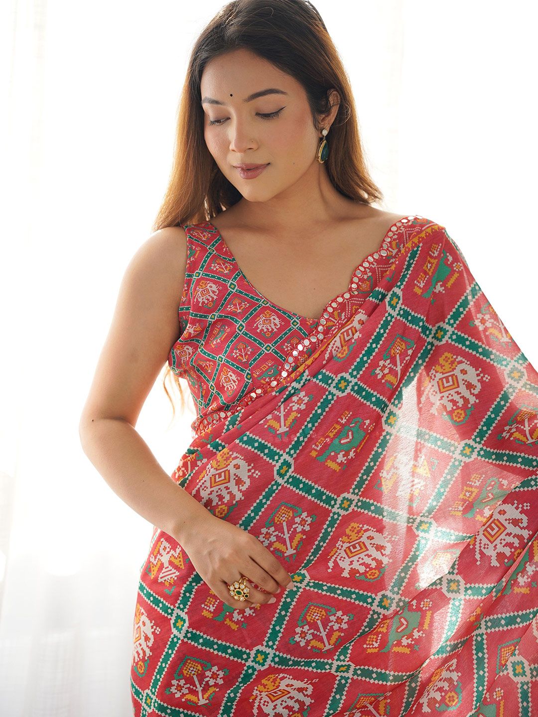 Kalista Ethnic Motifs Printed Mirror Work Pure Chiffon Saree