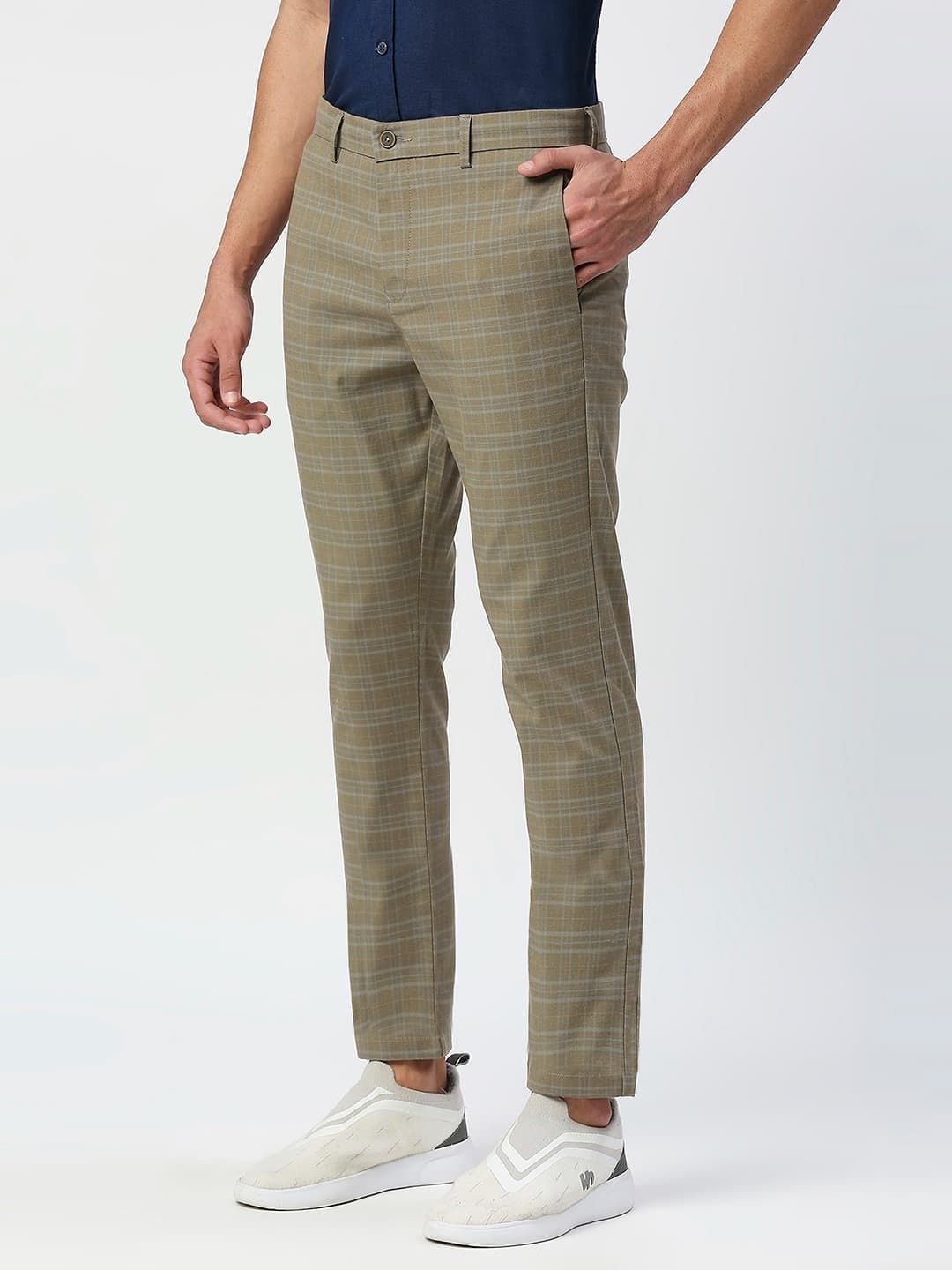 Basics Men Checked Tapered Fit Mid-Rise Formal Trousers
