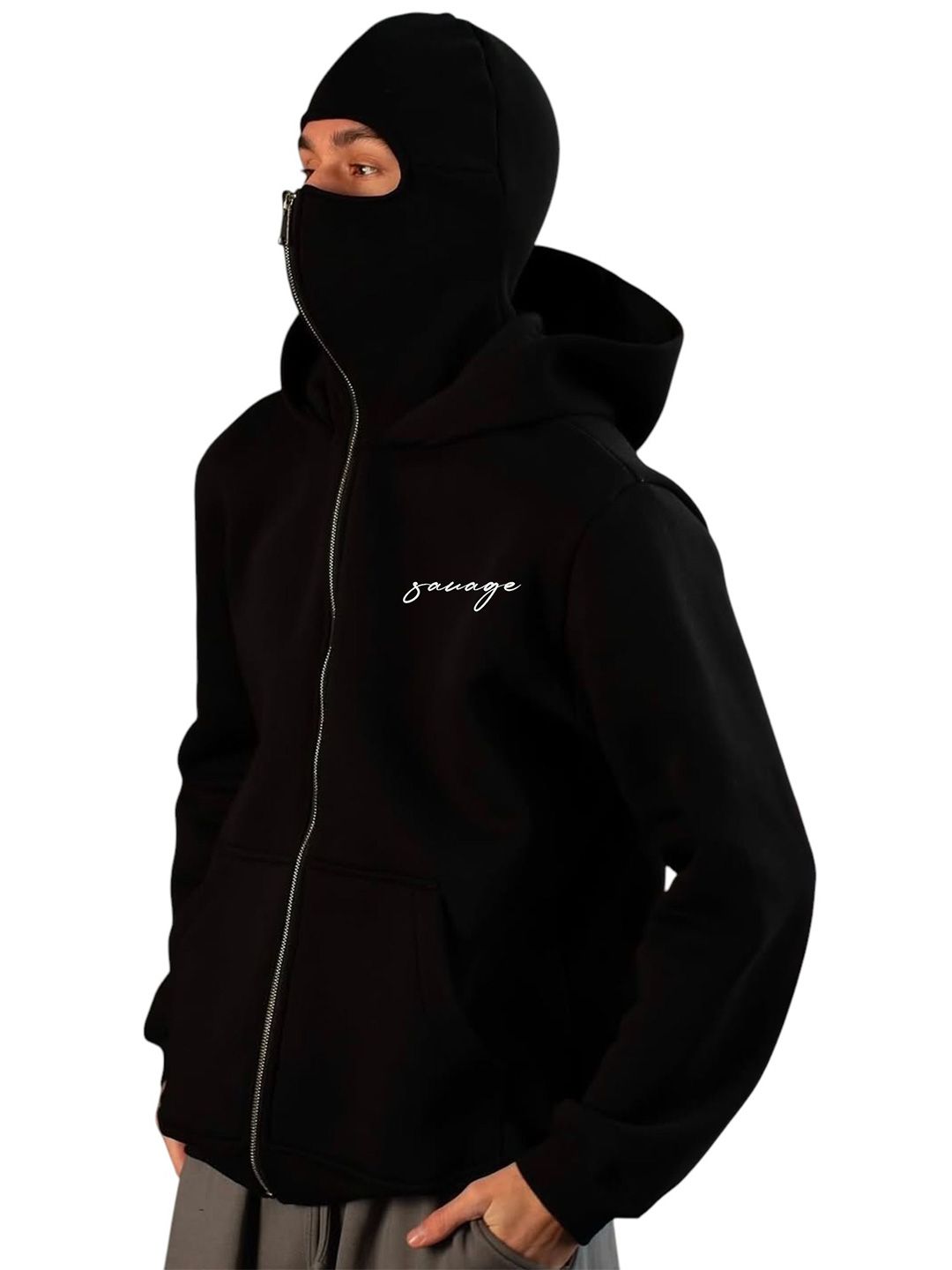 Be Savage Men Balaclava Zipper Face Hooded Sweatshirt
