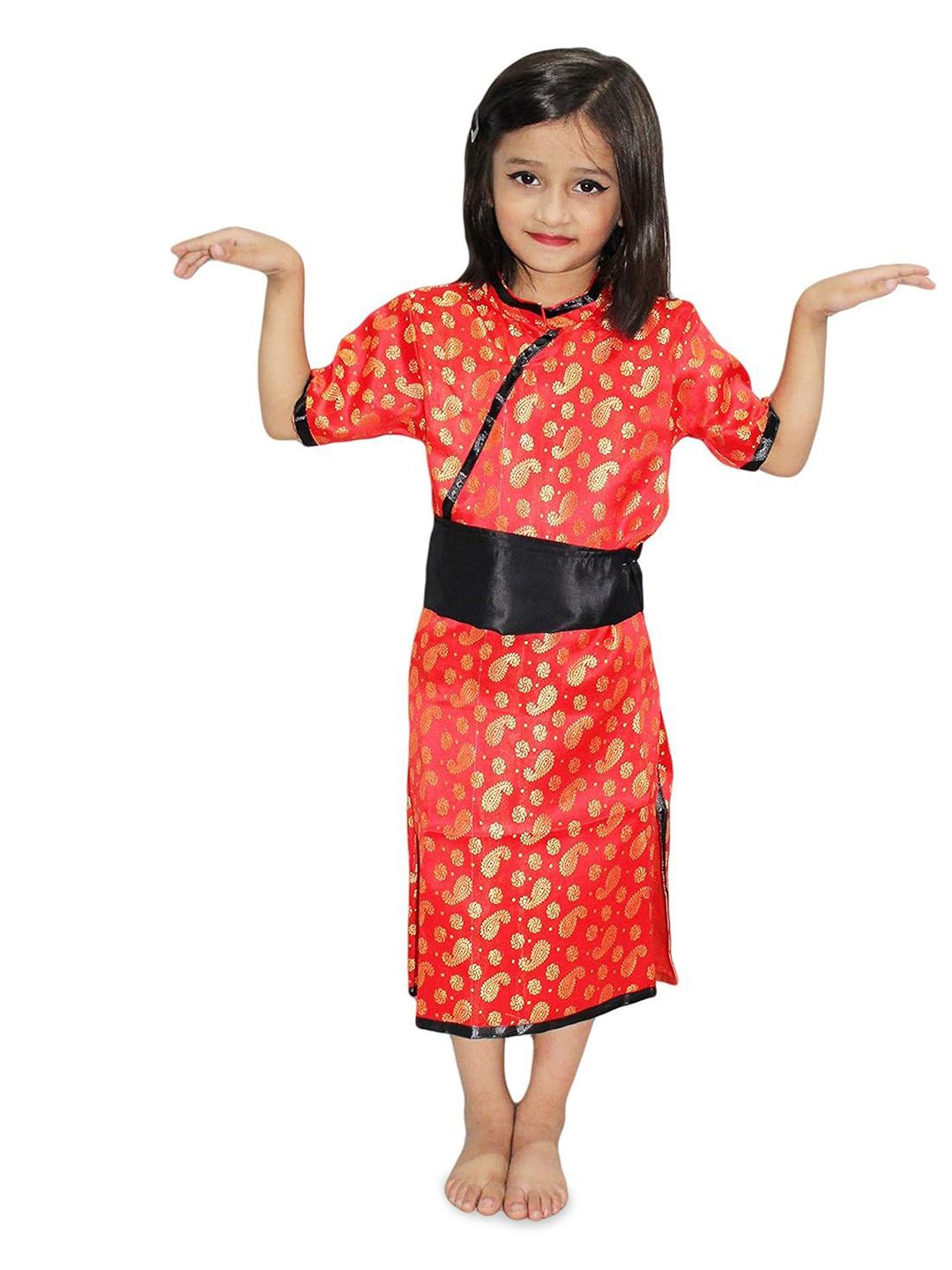 Kaku Fancy dresses Girls Jacquard Chinese Global Ethnic Costume Gown With Belt