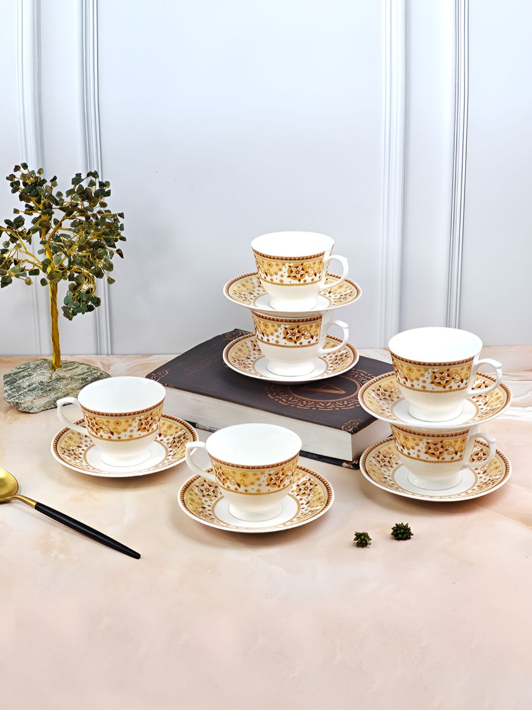UPC White Ethnic Motifs Ceramic Handmade 6 Piece Cups with 6 Saucers-150ml
