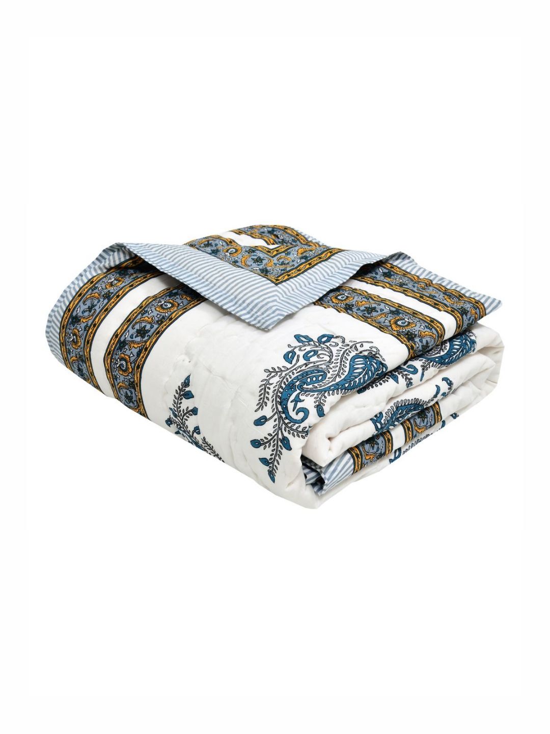 BLOCKS OF INDIA Grey & White Ethnic Motifs Mild Winter 350 GSM Single Bed Quilt