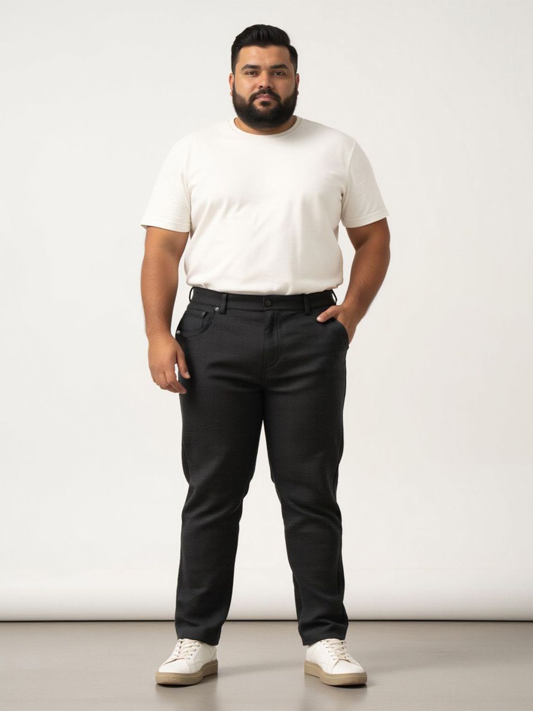 The Pant Project Men Wood Brown Checks Jino Slim Fit Plus-Size Stretchable Cotton Jeans