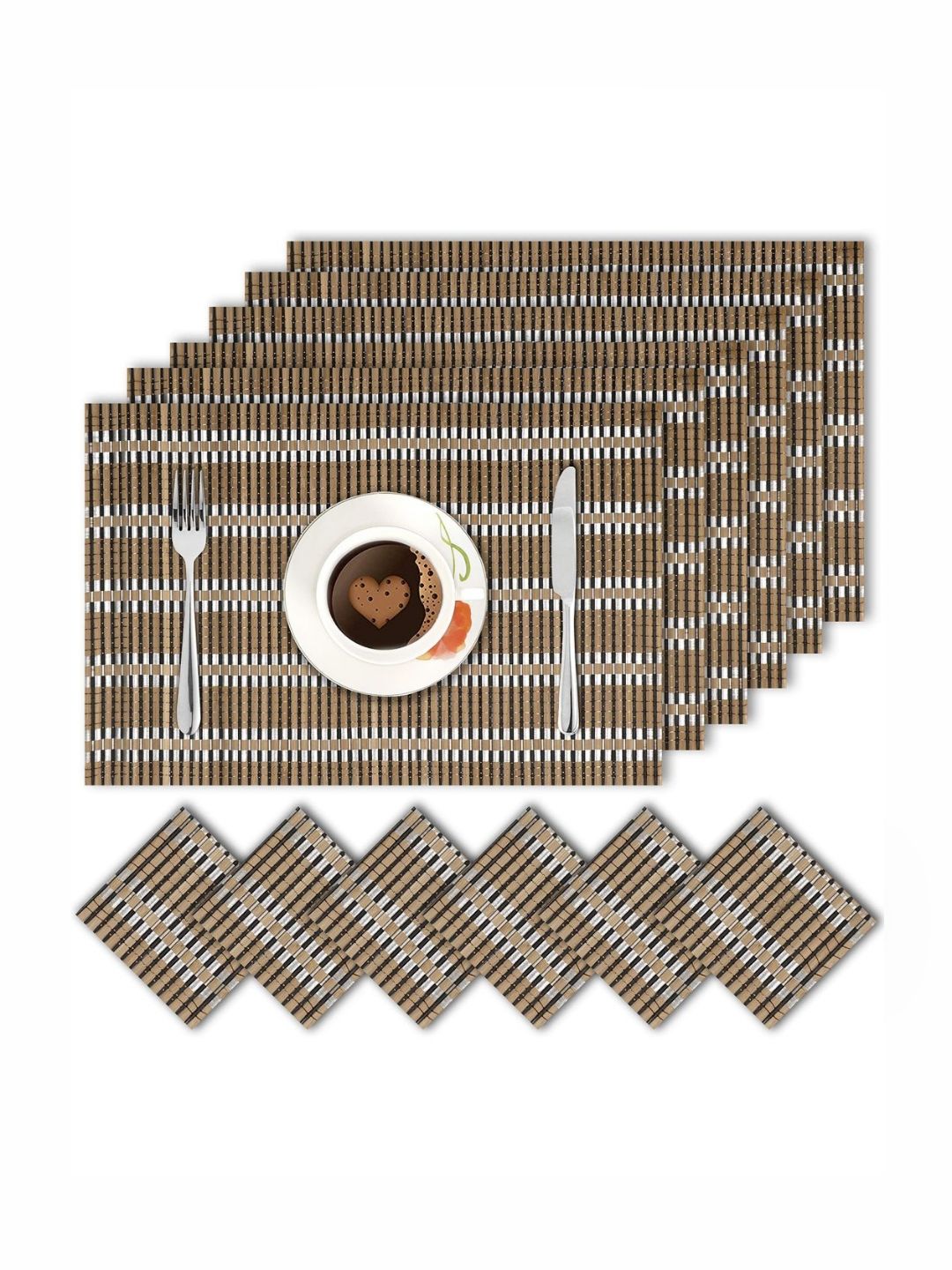 HOKIPO 12 Pieces Brown & White Striped Bamboo Dining Table Placemats & Coasters