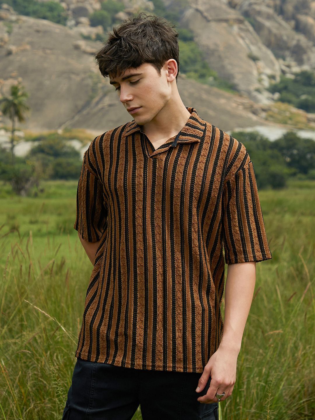 CAHOOT Men Striped Polo Collar Pockets T-shirt