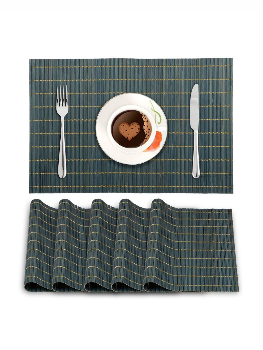 HOKIPO Blue 6 Pieces Striped Reversible Non-Slip Bamboo Table Placemats