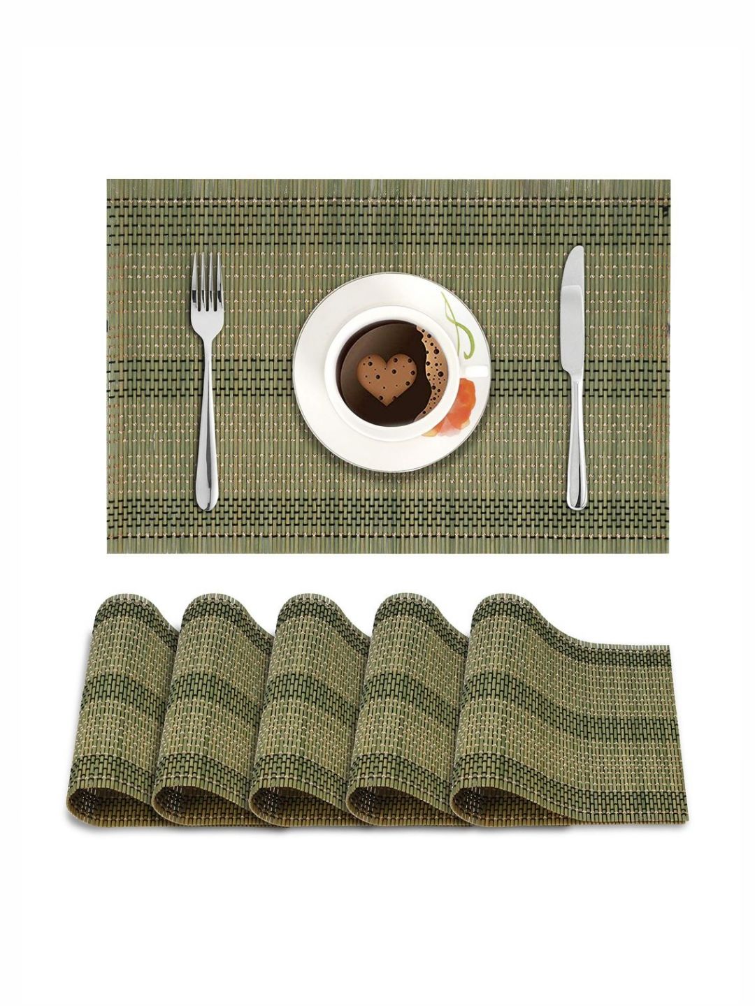 HOKIPO Green 6 Pieces Striped Reversible Bamboo Non-Slip Table Placemats