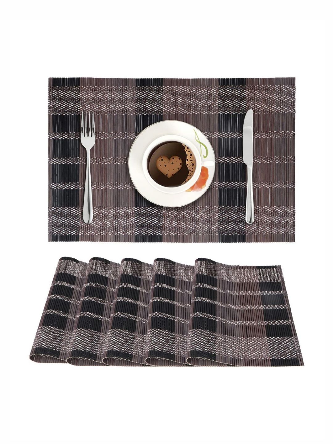 HOKIPO Brown Black 6 Pieces Striped Reversible Bamboo Non-Slip Table Placemats