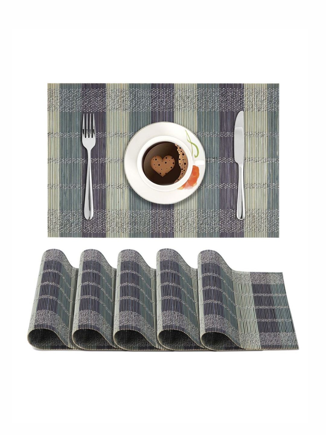 HOKIPO Blue & Grey 6 Pieces Striped Rectangle Heat Resistant Bamboo Table Placemats