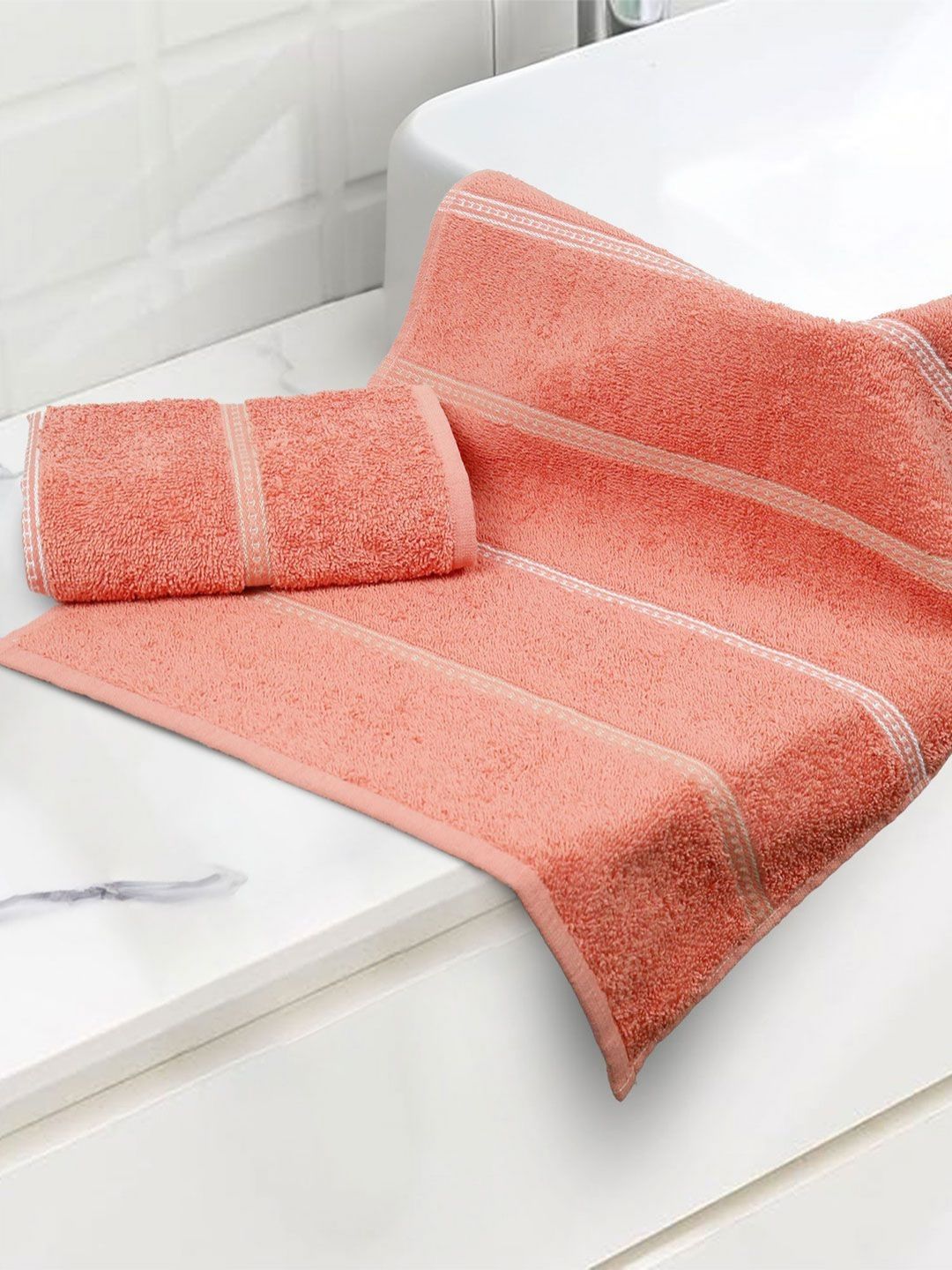 MYTRIDENT MYTRIDENT Peach Colored & White 2 Pieces Striped 450 GSM Pure Cotton Hand Towels