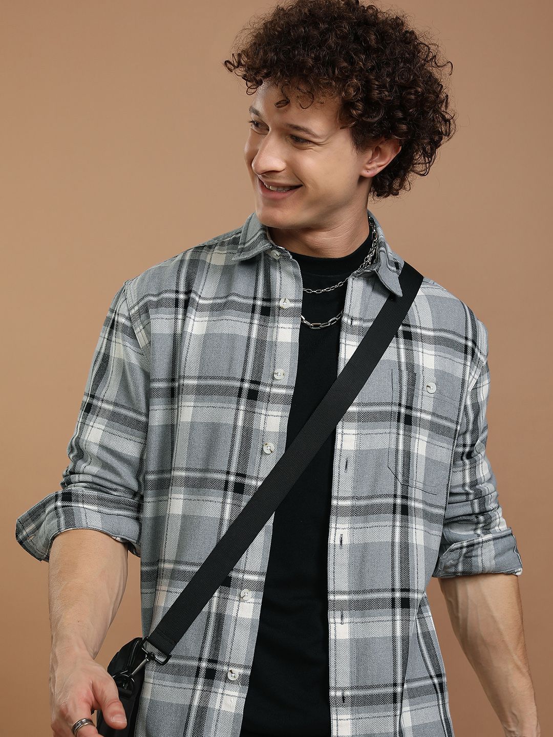 HIGHLANDER HIGHLANDER Men Textured Checked Relaxed Fit Shacket