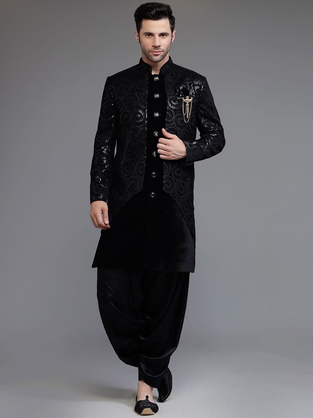 Utsav Fashion Sequin Embroidered Velvet Sherwani Set