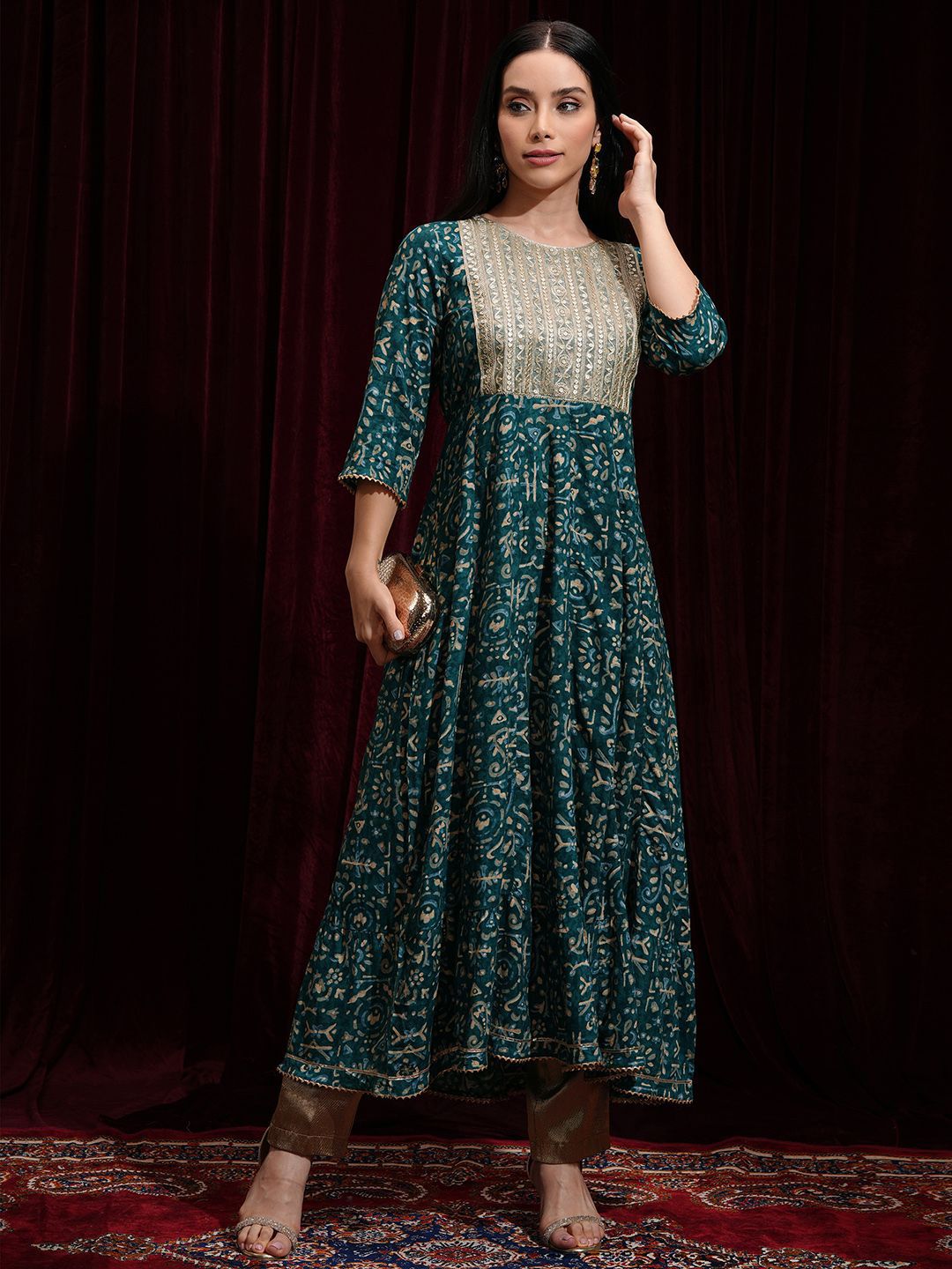 Vishudh Teal Floral Printed Anarkali Kurta