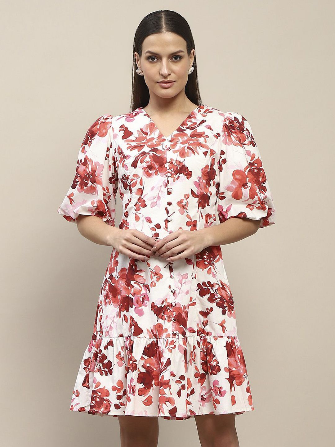 Madame Madame Pure Cotton Floral Printed Bell Sleeve Drop-Waist Dress