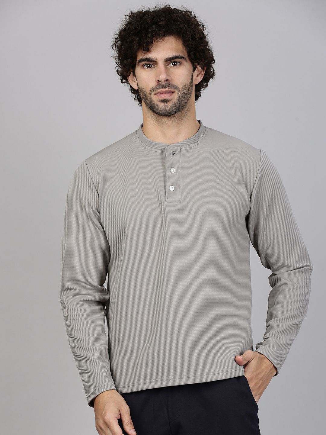 MADSTO Men Self Design Henley Neck Long Sleeves Casual T-shirt