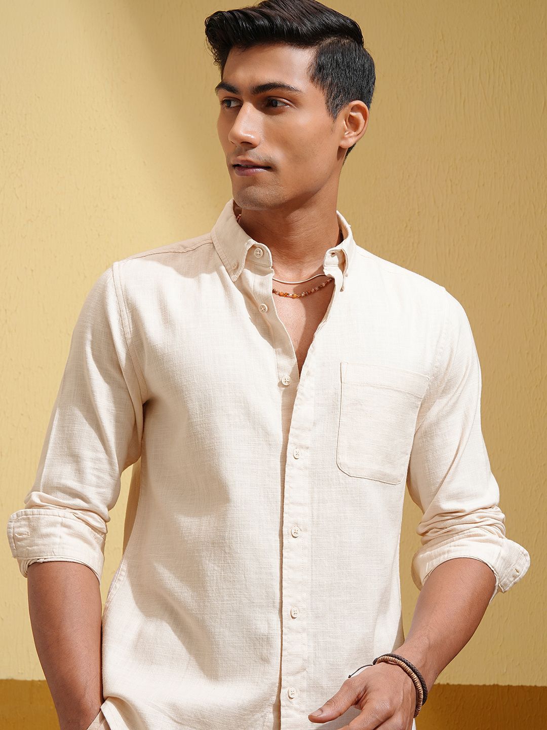 HIGHLANDER Men Solid Textured Opaque Casual Cotton Shirt