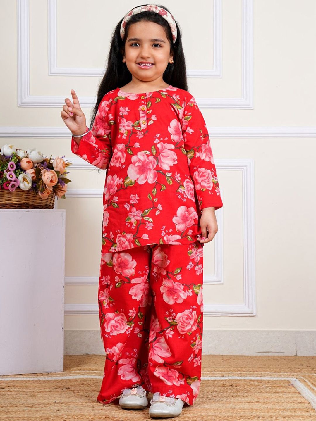 COTLAND FASHION Girls Floral Printed Regular Pure Cotton Straight Kurti with Palazzos