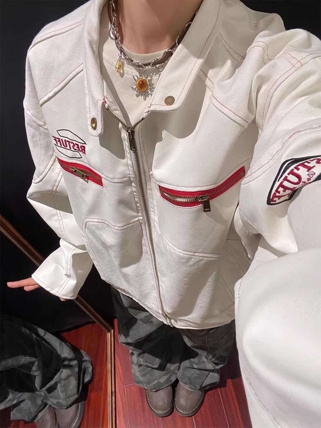 HERE&NOW Men Mandarin Collar Solid Leather Casual Leather Jacket