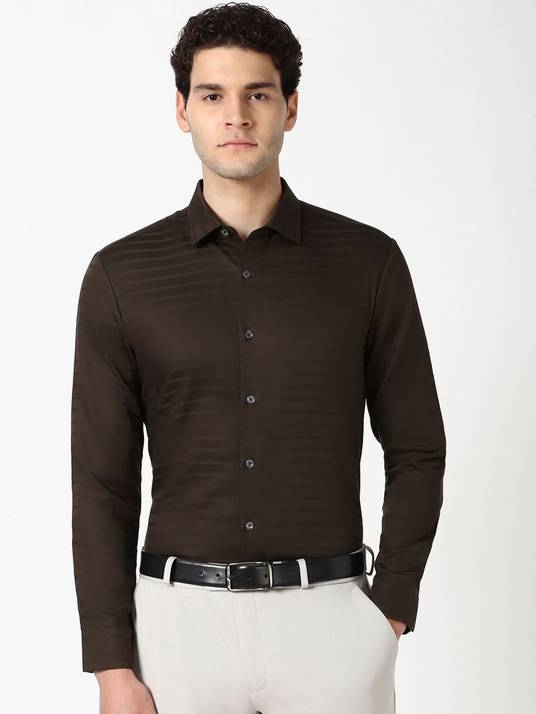 Peter England Elite Men Spread Collar Textured Cotton Slim Fit Formal Shirt