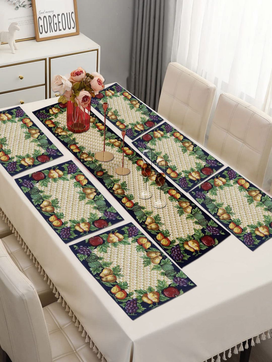 ANA 7 Pcs Violet & Yellow Printed Table Place Mats