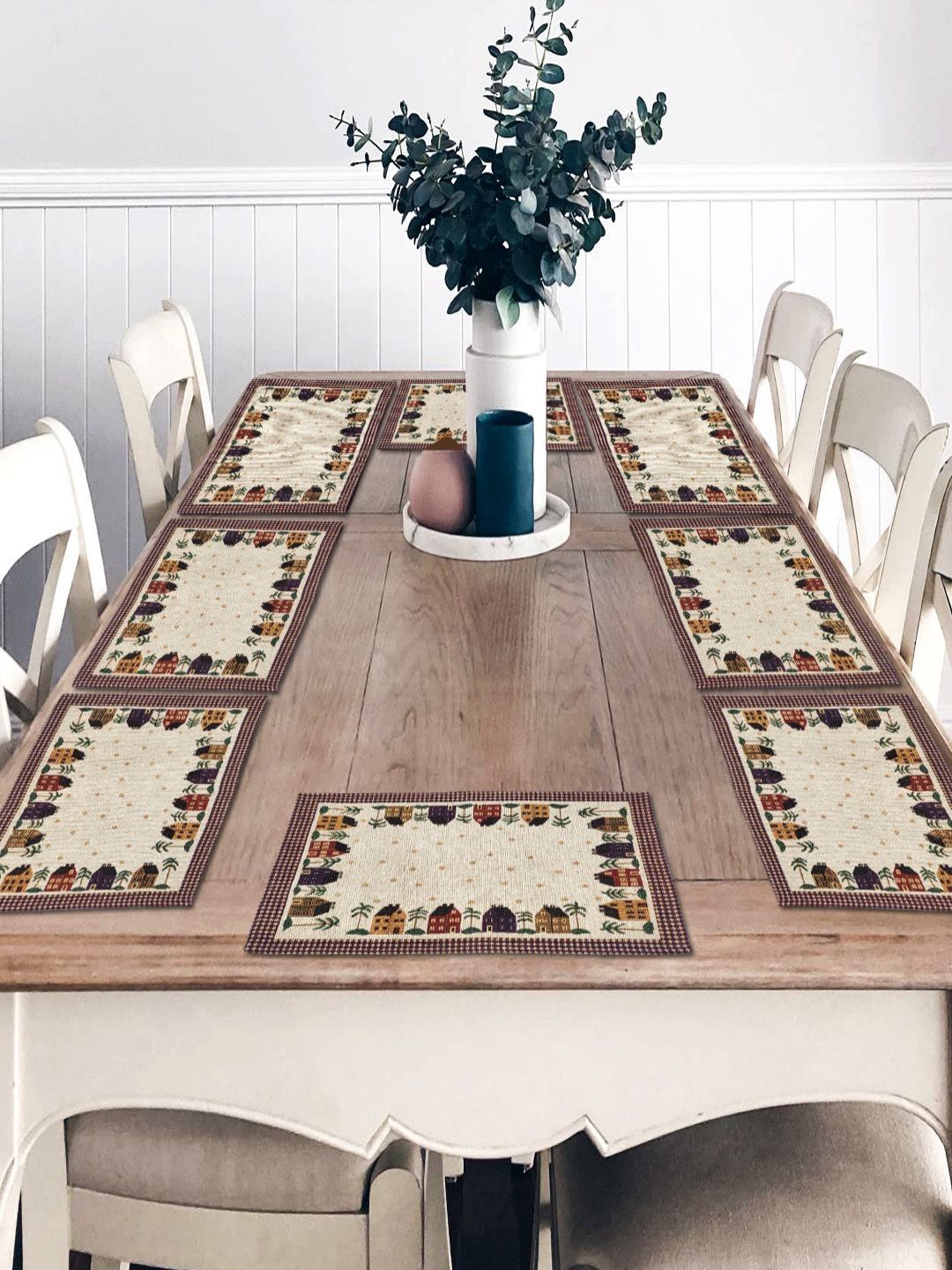 ANA 8-Pcs Beige & Green Printed Rectangular Table Placemats