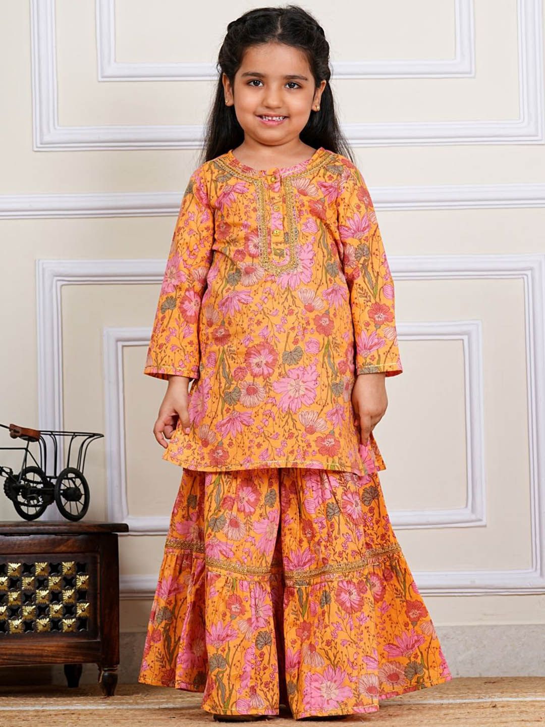 COTLAND FASHION Girls Floral Printed Pure Cotton Straight Kurti with Sharara