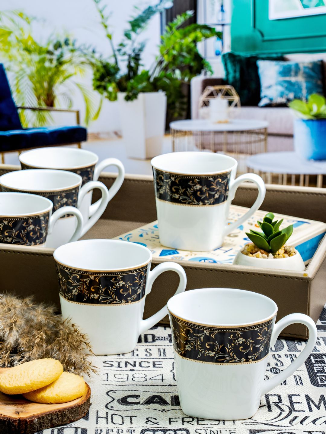 SONAKI White & Navy Blue 6 Pieces Floral Printed Mugs 180ml