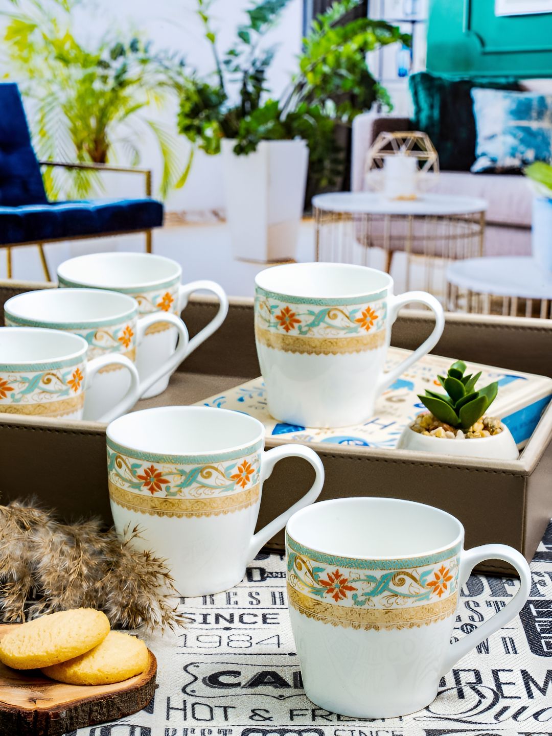 SONAKI Double Wall White Ethnic Motifs Bone China Handmade 6 Piece Mugs-180ml