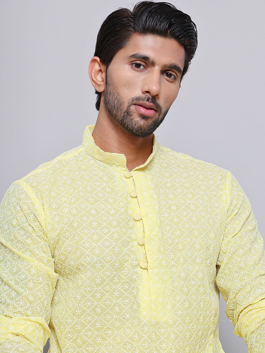 Jompers Floral Embroidered Mandarin Collar Chikankari Cotton Straight Kurta