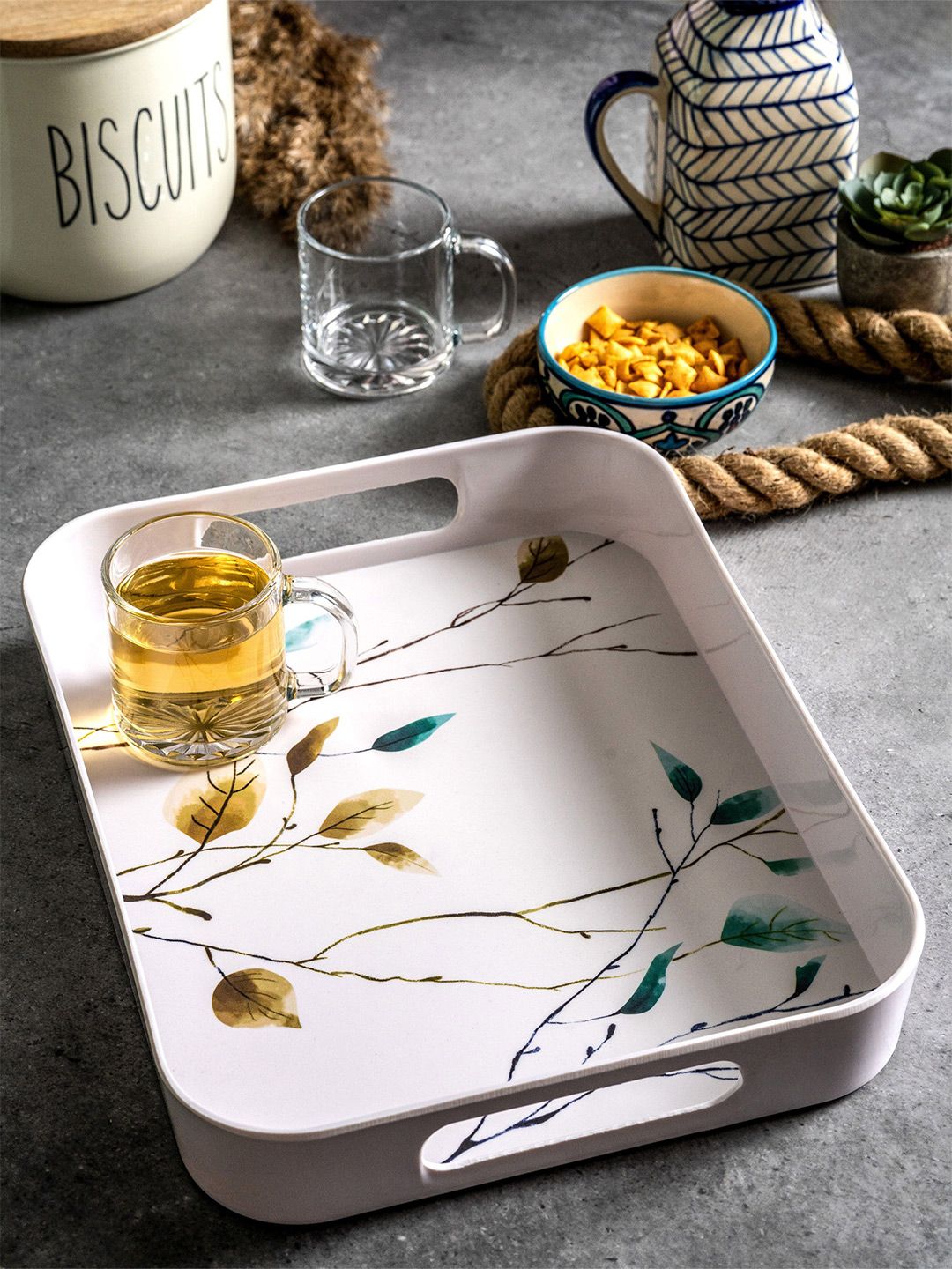 GOODHOMES White & Yellow Printed 
Melamine Rectangular Serving Tray