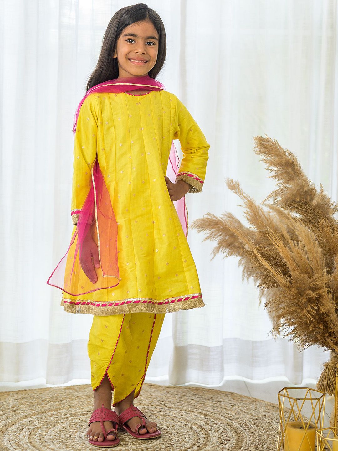 Fairies Forever Girls Regular Pure Silk Kurta with Dhoti Pants & With Dupatta