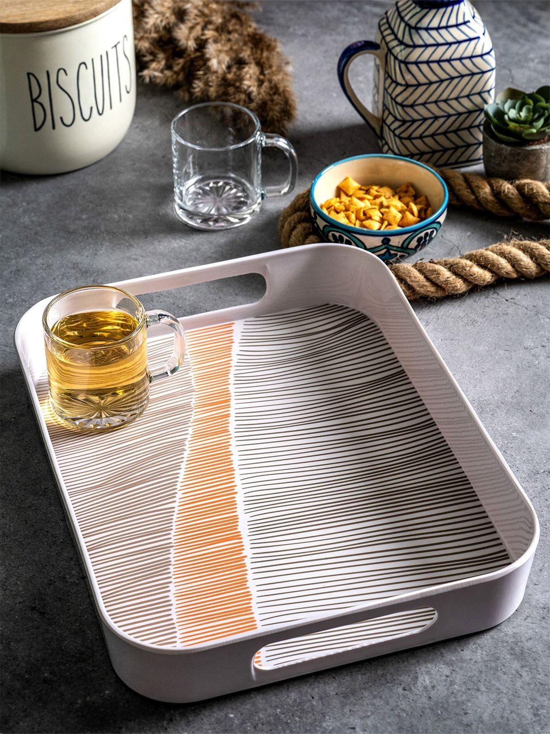 GOODHOMES White & Orange Printed 
 Rectangular Serving Tray