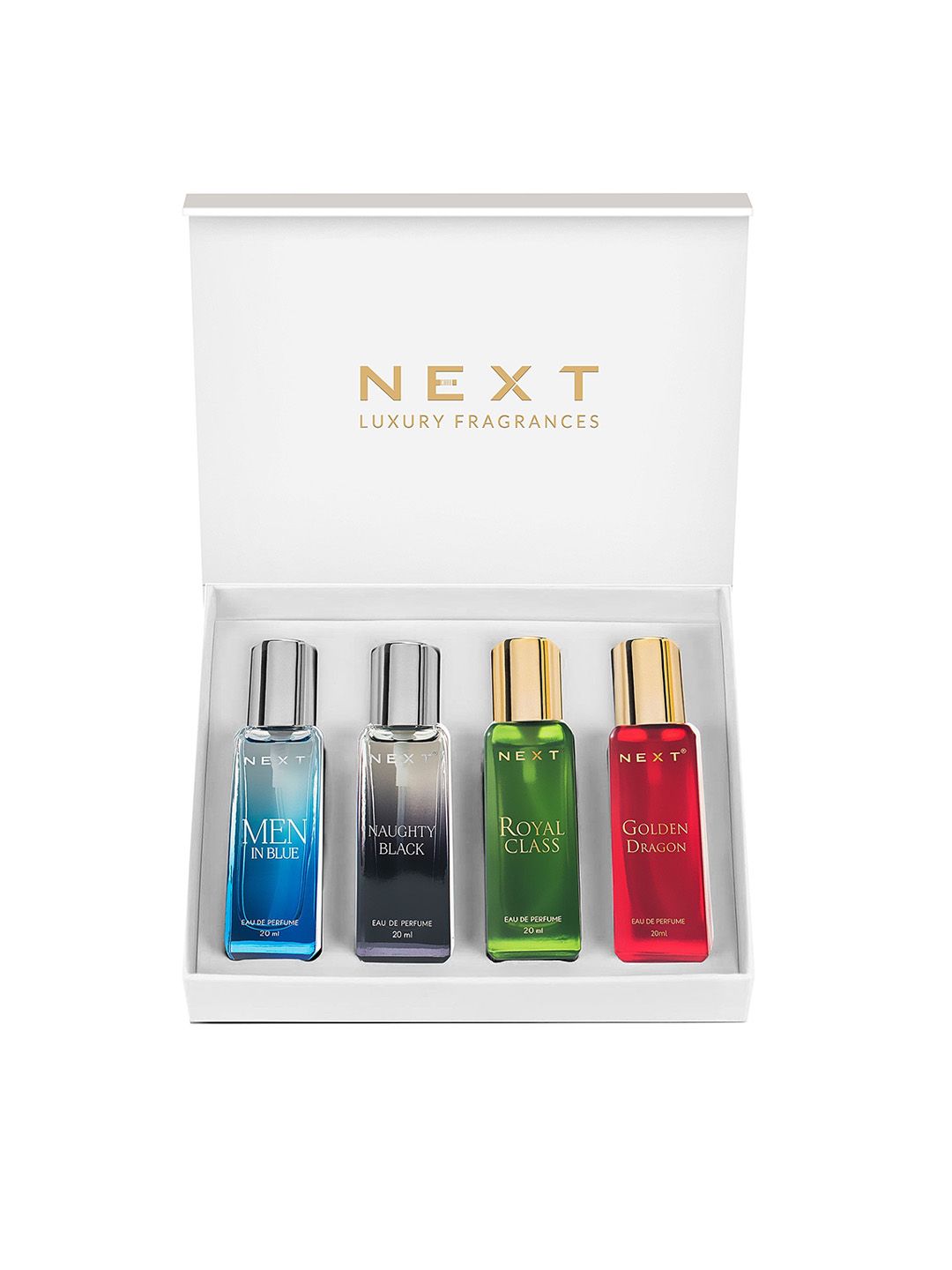 NEXT CARE 4 Pcs Golden Dragon, Men In Blue, Naughty Black & Royal Class Perfume-20ml Each