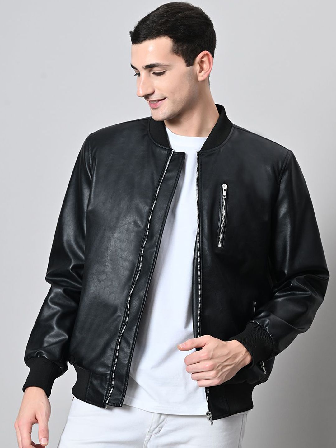 TBOJ Men Striped Lightweight Crop Leather Jacket