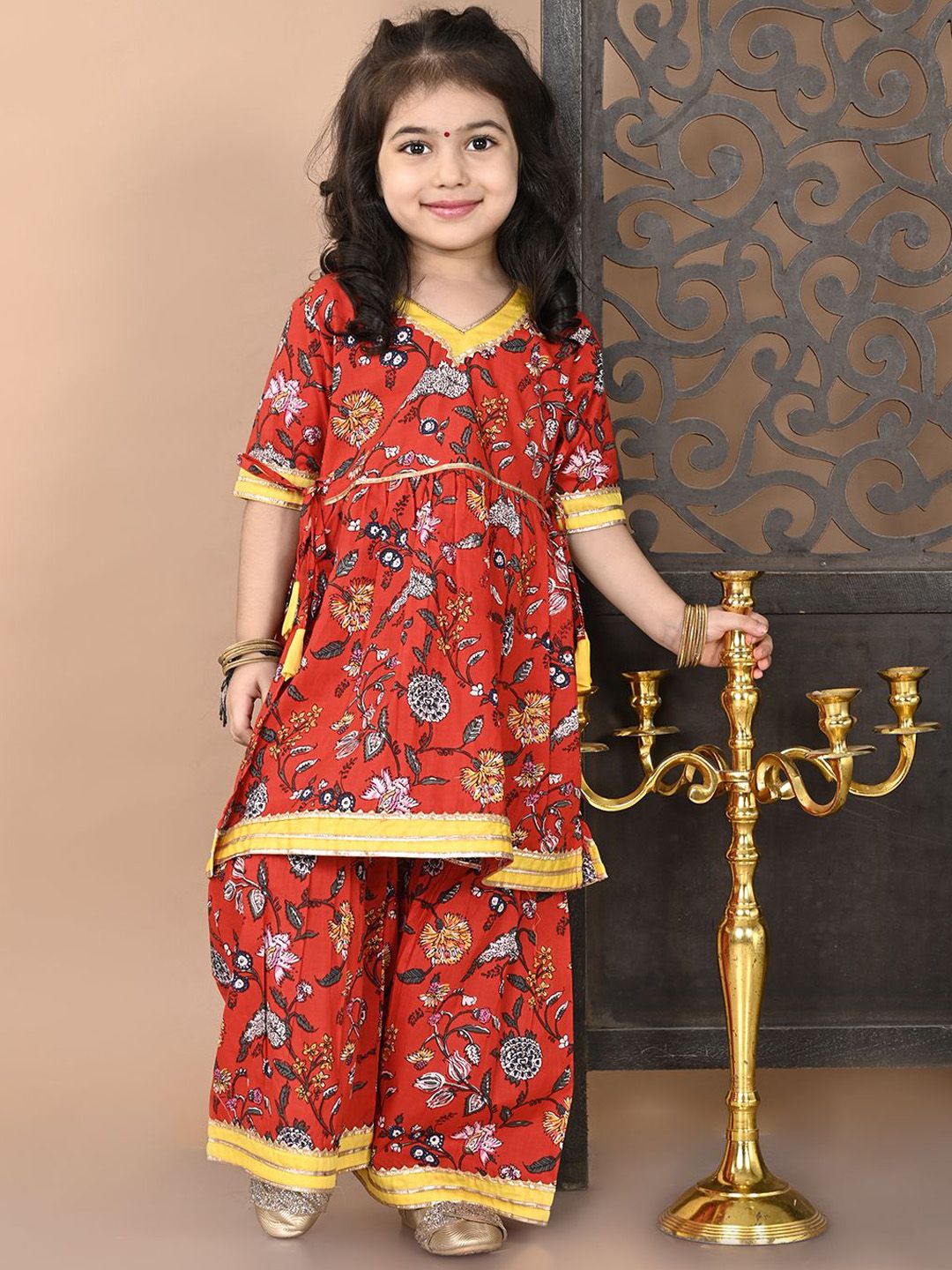 Superminis Girls Floral Printed Regular Gotta Patti Pure Cotton A-Line Kurti with Sharara