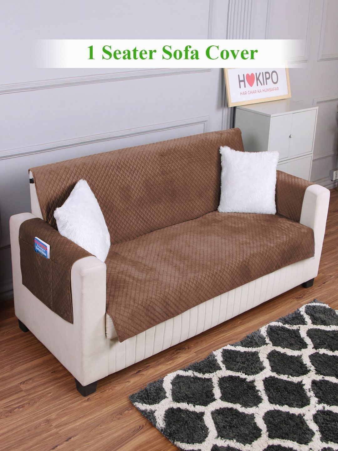 HOKIPO Brown Quilted Velvet 1 Seater Sofa Mat Cover With Arms
