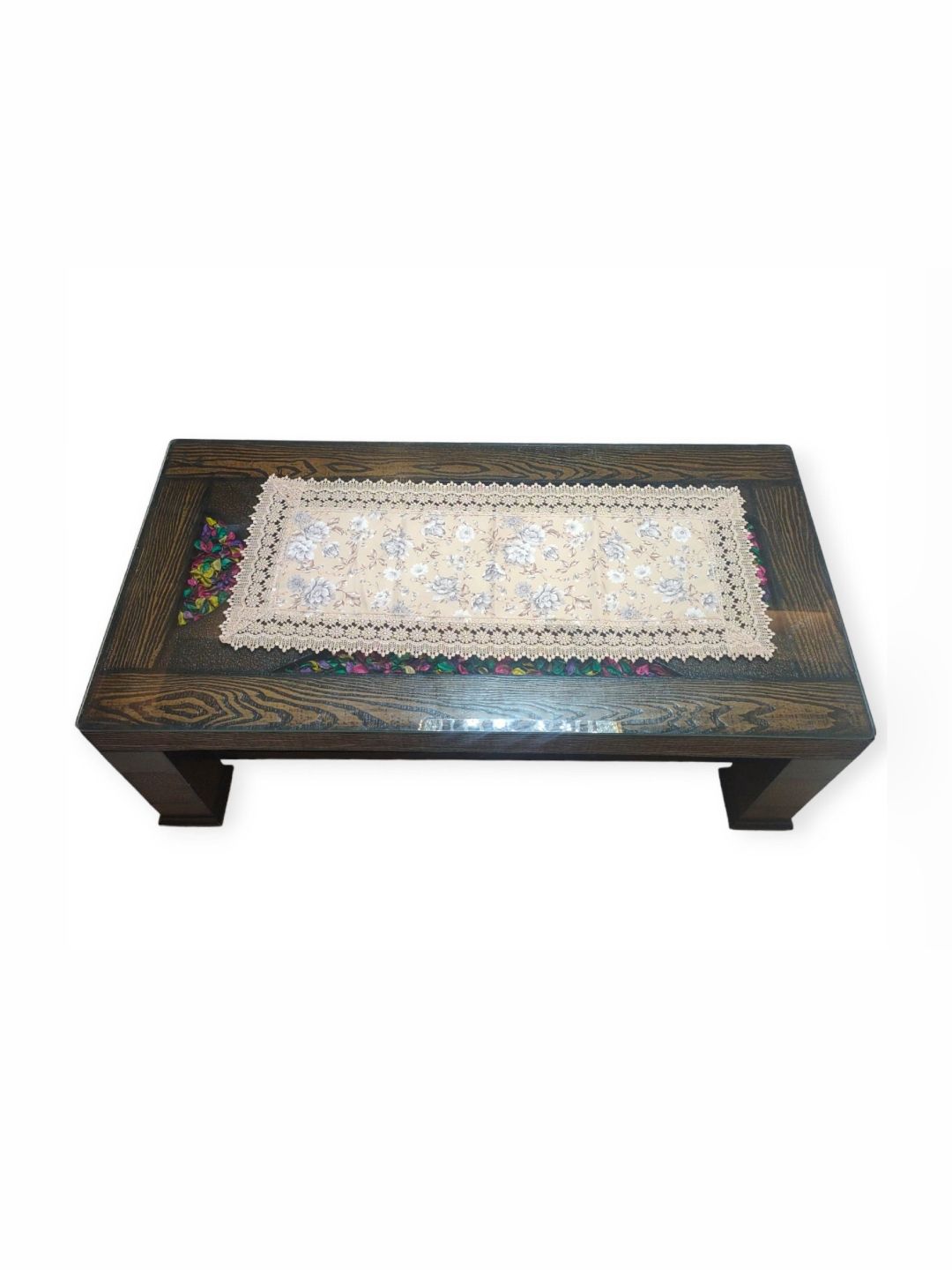 MONKDECOR Beige & Blue Floral Printed Table Runner