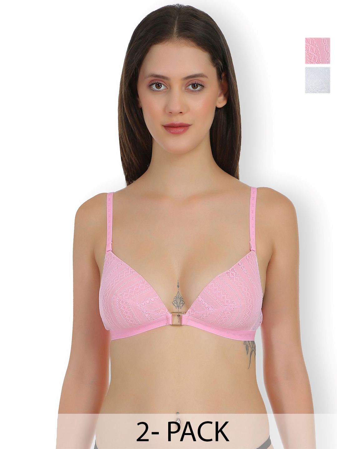 SELFCARE Pack of 2 Net Embroided Half Coverage Lightly Padded Bra