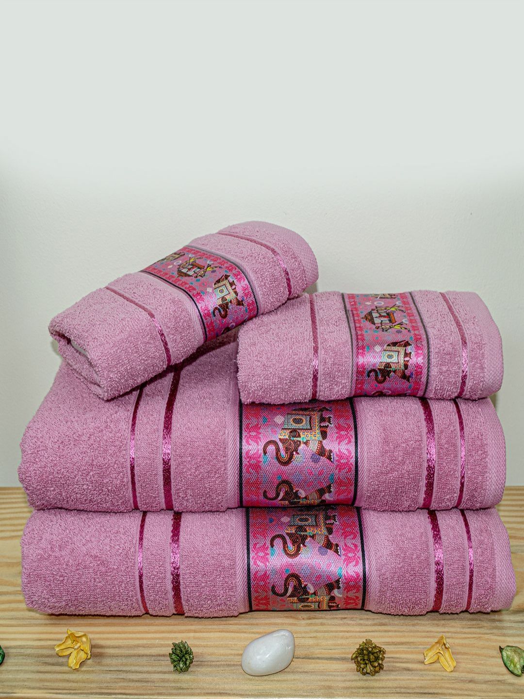 RANGOLI Purple & Brown 4 Piece Printed Cotton 450 GSM Towel Set