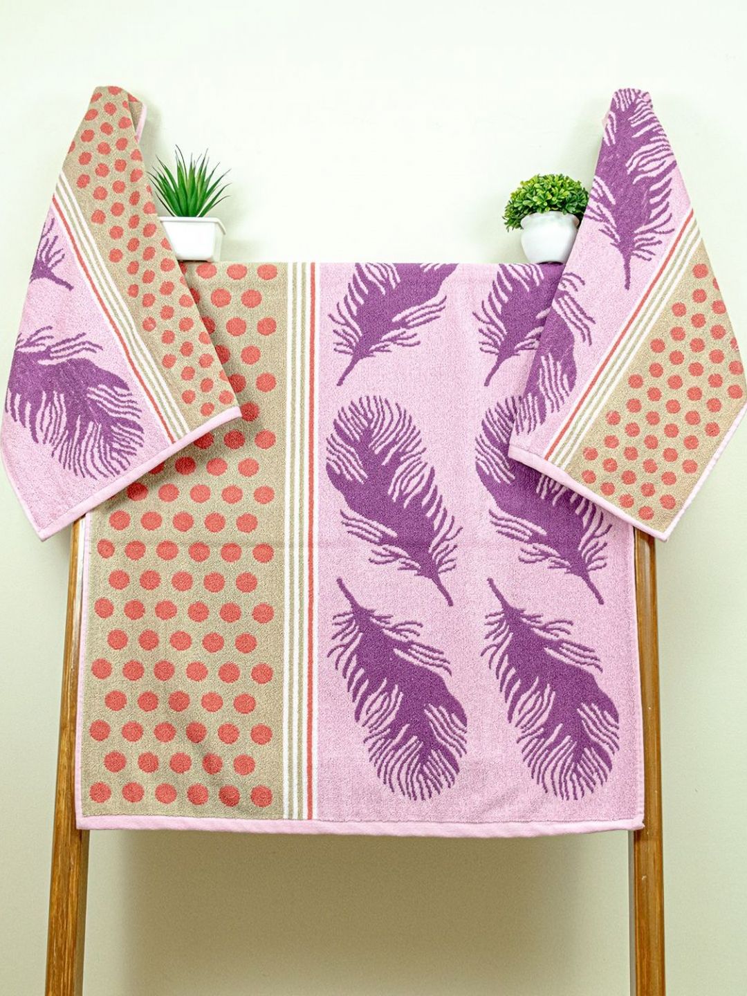 RANGOLI Purple & Red 3 Piece Printed Cotton 450 GSM Towel Set