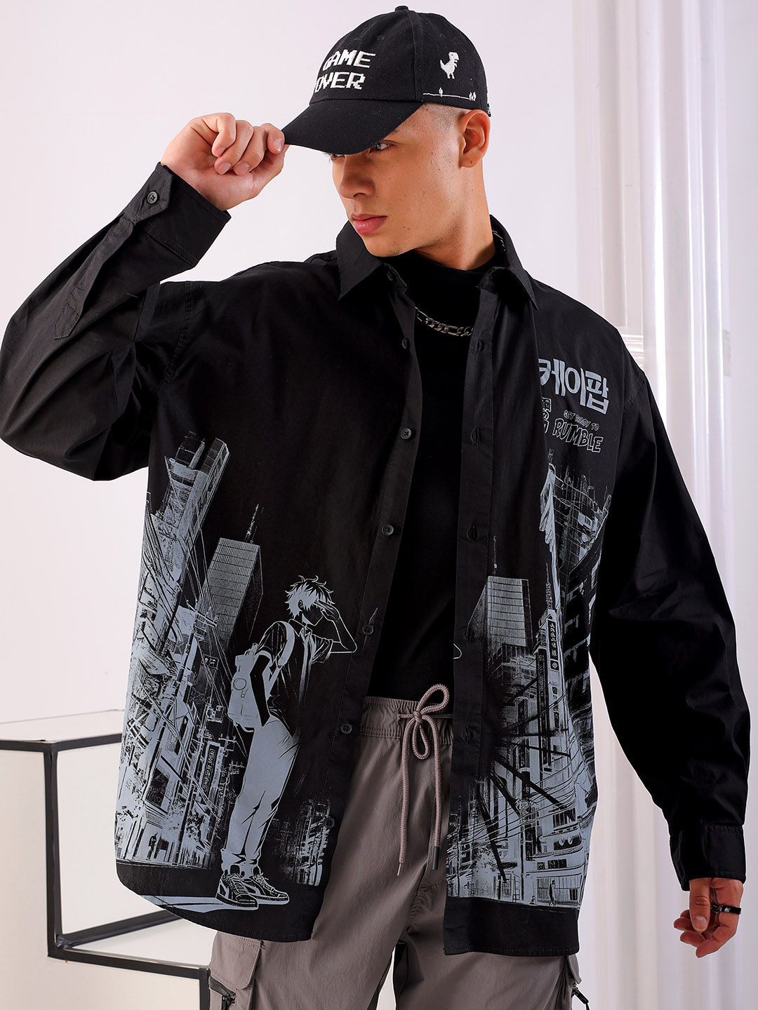 The Indian Garage Co Men Anime Printed Cotton Oversized Boxy Streetwear Shirt