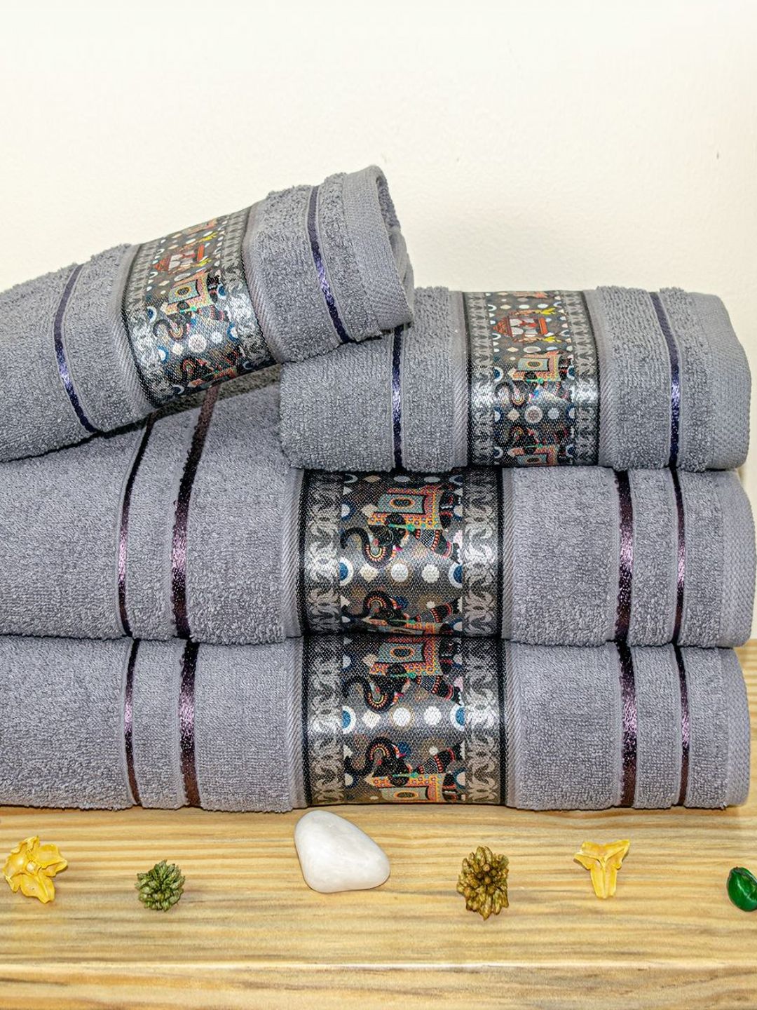 RANGOLI Grey Melange & White 4 Piece Printed Cotton 450 GSM Towel Set